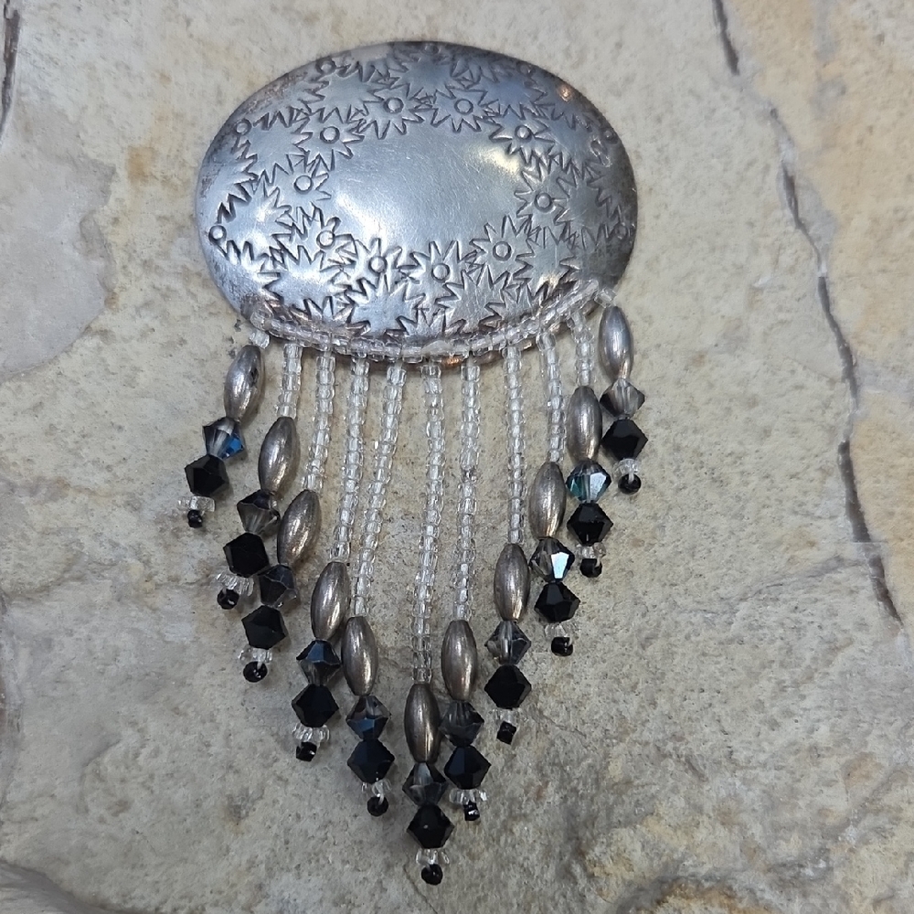 EAT Vintage 925 Sterling Silver and Black Beaded South Western Brooch